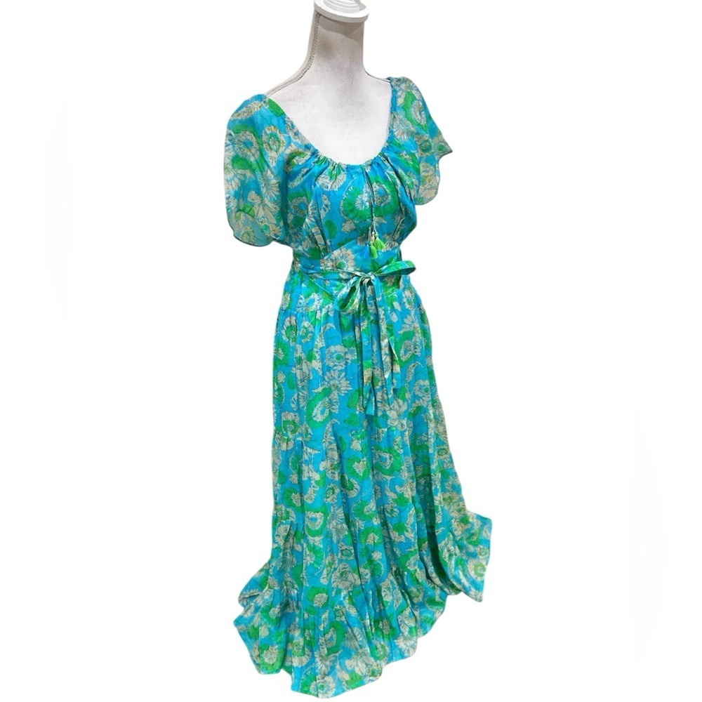 NWT Bella tu Nina Flutter-Sleeve Tie-Waist Maxi Dress Aqua Green Floral medium - Picture 5 of 16